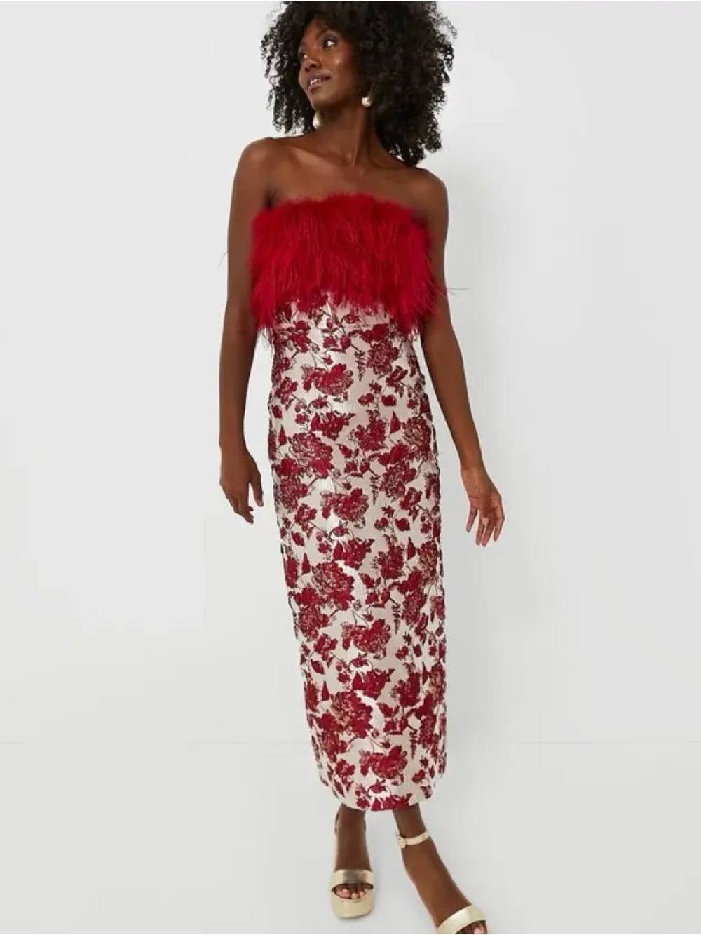 Strapless Red Feather-Trim Floral Column Dress